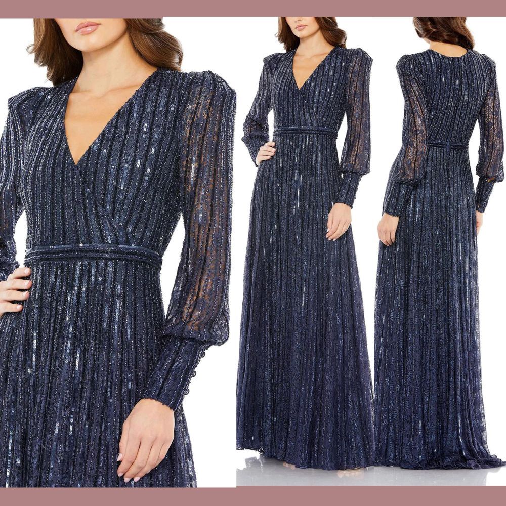 NWT $798 Mac Duggal [ 10 ] Beaded‎ Lace Long Sleeve Wrap Over Gown in Blue S941